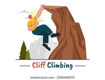 Vector Illustration of Cliff Climbing Featuring a Climber Ascending a Rock Wall or Mountain Cliffs of Extreme Sports in a Flat Cartoon Background