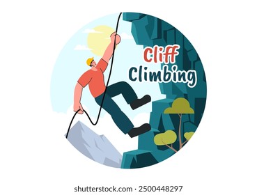 Vector Illustration of Cliff Climbing Featuring a Climber Ascending a Rock Wall or Mountain Cliffs of Extreme Sports in a Flat Cartoon Background