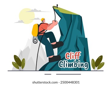 Ilustración vectorial de escalada de acantilados con un escalador ascendiendo una pared de Rock o acantilados de montaña de deportes extremos en un fondo plano de dibujos animados