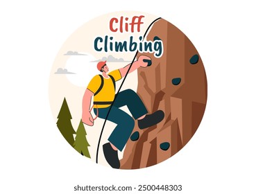 Vector Illustration of Cliff Climbing Featuring a Climber Ascending a Rock Wall or Mountain Cliffs of Extreme Sports in a Flat Cartoon Background