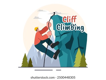 Ilustración vectorial de escalada de acantilados con un escalador ascendiendo una pared de Rock o acantilados de montaña de deportes extremos en un fondo plano de dibujos animados