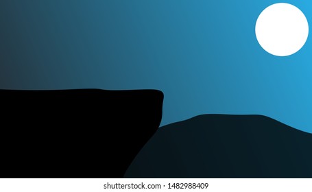 Vector illustration of a cliff and mountain silhouette with a moon background