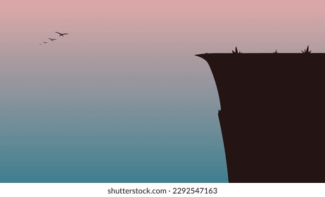 vector illustration of a cliff silhouette with a flock of birds flying against a beautiful sky