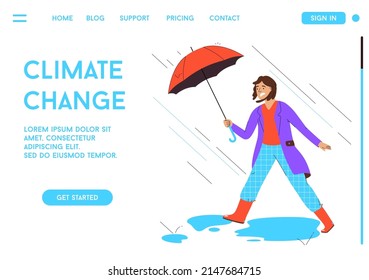 Vector illustration. Climate change concept. Character design, vector flat illustration. Global warming, Mankind Problem. Woman walks under an umbrella to protect against heavy rain and wind. Rainy