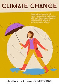 Vector illustration. Climate change concept. Character design, vector flat illustration. Global warming, Mankind Problem. Woman walks under an umbrella to protect against heavy rain and wind. Rainy