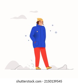 Vector illustration. Climate change concept. Character design, vector flat illustration. Global warming, Mankind Problem. Frozen man walks under the snow around drifts and ice. Cold winter