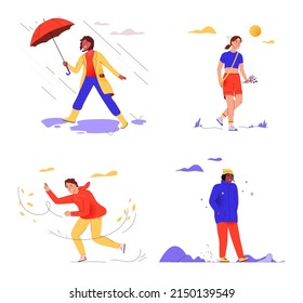 Vector illustration. Climate change concept. Character design, vector flat illustration. Global warming, Mankind Problem. Women and men walk in bad weather to protect against heavy rain, wind, snow