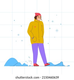 Vector illustration. Climate change concept. Character design, vector flat illustration. Global warming, Mankind Problem. Frozen man walks under the snow around drifts and ice. Cold winter