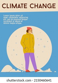 Vector illustration. Climate change concept. Character design, vector flat illustration. Global warming, Mankind Problem. Frozen man walks under the snow around drifts and ice. Cold winter