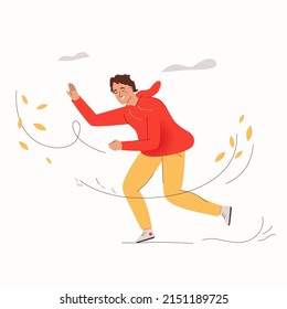 Vector illustration. Climate change concept. Character design, vector flat illustration. Global warming, Mankind Problem. Man walks under the autumn leaves around wind. Cold summer and fall