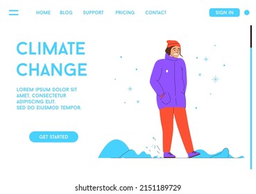 Vector illustration. Climate change concept. Character design, vector flat illustration. Global warming, Mankind Problem. Frozen man walks under the snow around drifts and ice. Cold winter