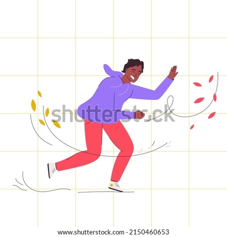 Vector illustration. Climate change concept. Character design, vector flat illustration. Global warming, Mankind Problem. Man walks under the autumn leaves around wind. Cold summer and fall