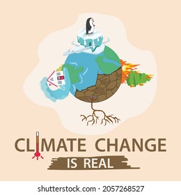 
Vector illustration of climate change, global warming. with the concept of a dying earth, forest fires, droughts, floods, tsunamis and melting glaciers