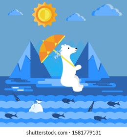 A vector illustration of climate change on earth, where a polar bear in the Arctic sadly sits under the scorching sun with an umbrella, and looks in surprise at the ocean polluted with garbage.
