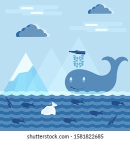 A vector illustration of climate change on earth, where a whale in the ocean, letting the fountain into which the bottle fell, looks with surprise at the ocean polluted with garbage.