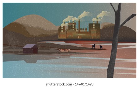 Vector illustration of Climate changes concept.Vector of a factory plant in the Degraded forest with Sewage lake.Wild animal were killed or destroyed or 
Relocated.Climate changes  and global warming.
