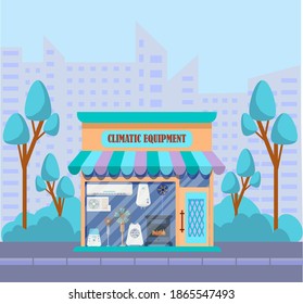 Vector illustration of a climate equipment store. illustration of the exterior facade of the store building in the city. Facade of the domestic appliances shop. Vector illustration in flat style