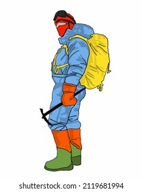 Vector Illustration of climber. Extreme boy in gear. Fashion sketch of extreme person. Alpinist with a hammer goes to the mountains on a hike