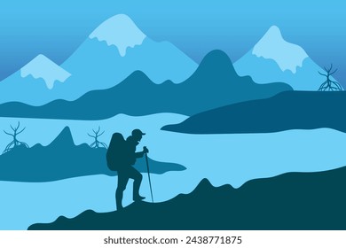 Ilustración vectorial de montaña escaladora y fondo de vista al mar.