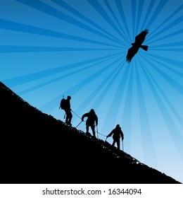 Vector illustration of climbers ascending a ridge at sunset in the alps with a soaring eagle in the background