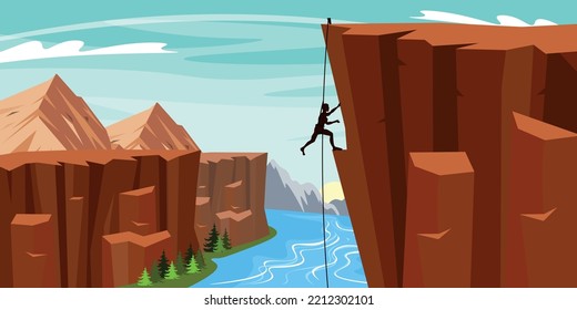 Vector illustration of climbers in the canyon. Cartoon mountains landscape with rock climber that conquer mountains, big river and forest.