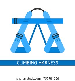 Vector illustration of climbing harness isolated on white background, flat style. Belay equipment for climbing, hiking, camping, mountaineering, sport.