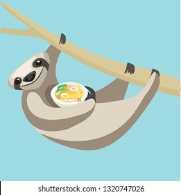 Vector illustration of climbing tree cute gray sloth holding ramen soup isolated on blue background