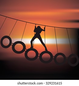Vector illustration of climbing woman on sunrise blurred background.