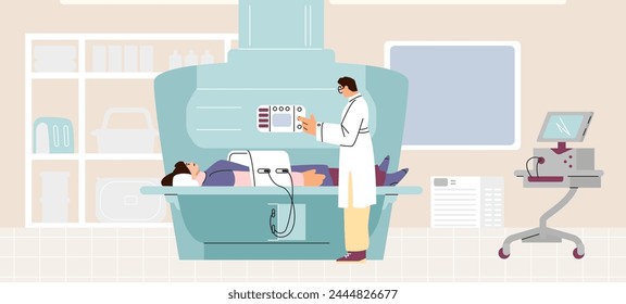 Ilustración vectorial en la clínica, un doctor masculino realiza una resonancia magnética de la cavidad abdominal de una paciente femenina con equipo de resonancia magnética. Radiología médica para el diagnóstico .