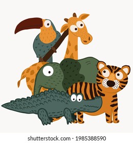 Vector illustration clip art funny animals. Funny animals elephant, giraffe, crocodile, toucan, tiger. Clip art for children's T-shirts, mugs