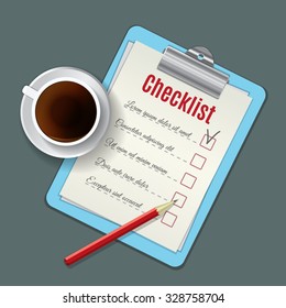 Vector illustration. Clip board with a checklist, red pencil, white cup of coffee with foam. Top view, view from above.