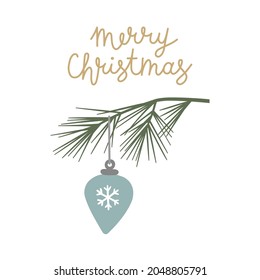 Vector illustration clipart of a christmas ball. Hand drawn gold boubl with a pine tree branch isolated on white background. Merry Christmas Lettering.