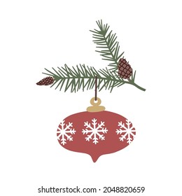 Vector illustration clipart of a christmas ball. Hand drawn gold boubl with a pine tree branch isolated on white background. 