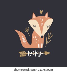 Vector illustration, clipart, cute cartoon fox art. Baby print. Isolated details, handcrafted.