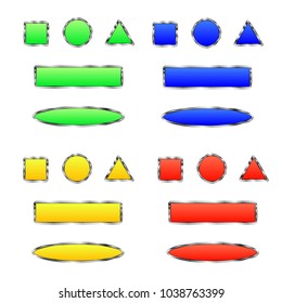 Vector illustration, clipart. Four sets of buttons of different shapes with metal frame: blue, red, yellow and green.