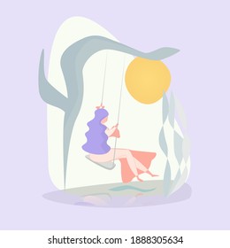 Vector illustration. Clipart. Girl on a swing. The girl over the water. Beautiful nature.
