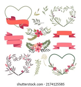 vector illustration of clipart ribbon element with flower and leaf  in cute cartoon style