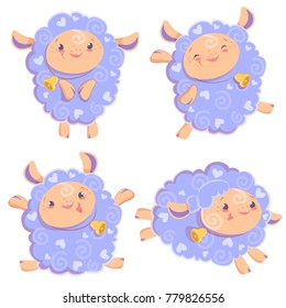 Vector illustration clipart set of cute funny pink girl sheep dancing running jumping staying with bell for kids and babies print and textile design, wall design, stickers, art