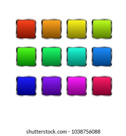 Vector illustration, clipart. Set of square buttons in different colors with metal frame.