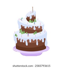 Vector illustration, clipart, three-tier cake in the form of a snowy slope with skiers.Birthday three tier cake with sprinkles , cream decoration and candles on top