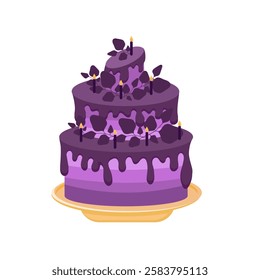 Vector illustration, clipart, three-tier cake in purple tones. Birthday three tier cake with sprinkles , cream decoration and candles on top.Cake in purple tones