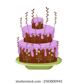 Vector illustration, clipart, three-tier chocolate cake in purple tones. Birthday three tier cake with sprinkles , cream decoration leaf, plants