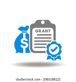 Vector illustration of clipboard certificate with approved stamp and money bag. Icon of grant. Symbol of grants application.