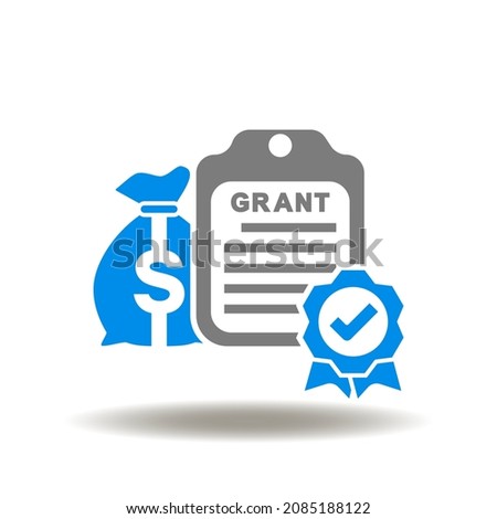 Vector illustration of clipboard certificate with approved stamp and money bag. Icon of grant. Symbol of grants application.