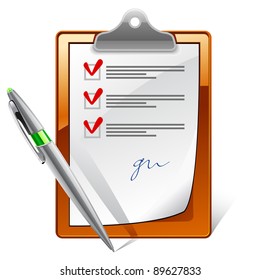 Vector illustration of clipboard with check boxes and pen on white background