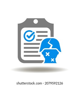 Vector illustration of clipboard with check mark and soldier injured. Icon of soldiers injury accident compensation.