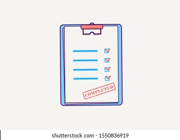 Vector illustration of clipboard with checklist and completed stamp