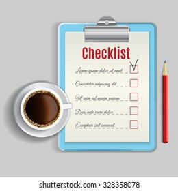 Vector illustration. Clipboard with a checklist on it, red pencil and coffee cup, Top view, view from above. 