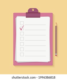 Vector illustration of clipboard with checklist. Pink on yellow background