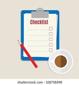 Vector illustration of a clipboard with a checklist, red pencil and cup of coffee. Top view, view from above, overhead perspective.  Flat style.